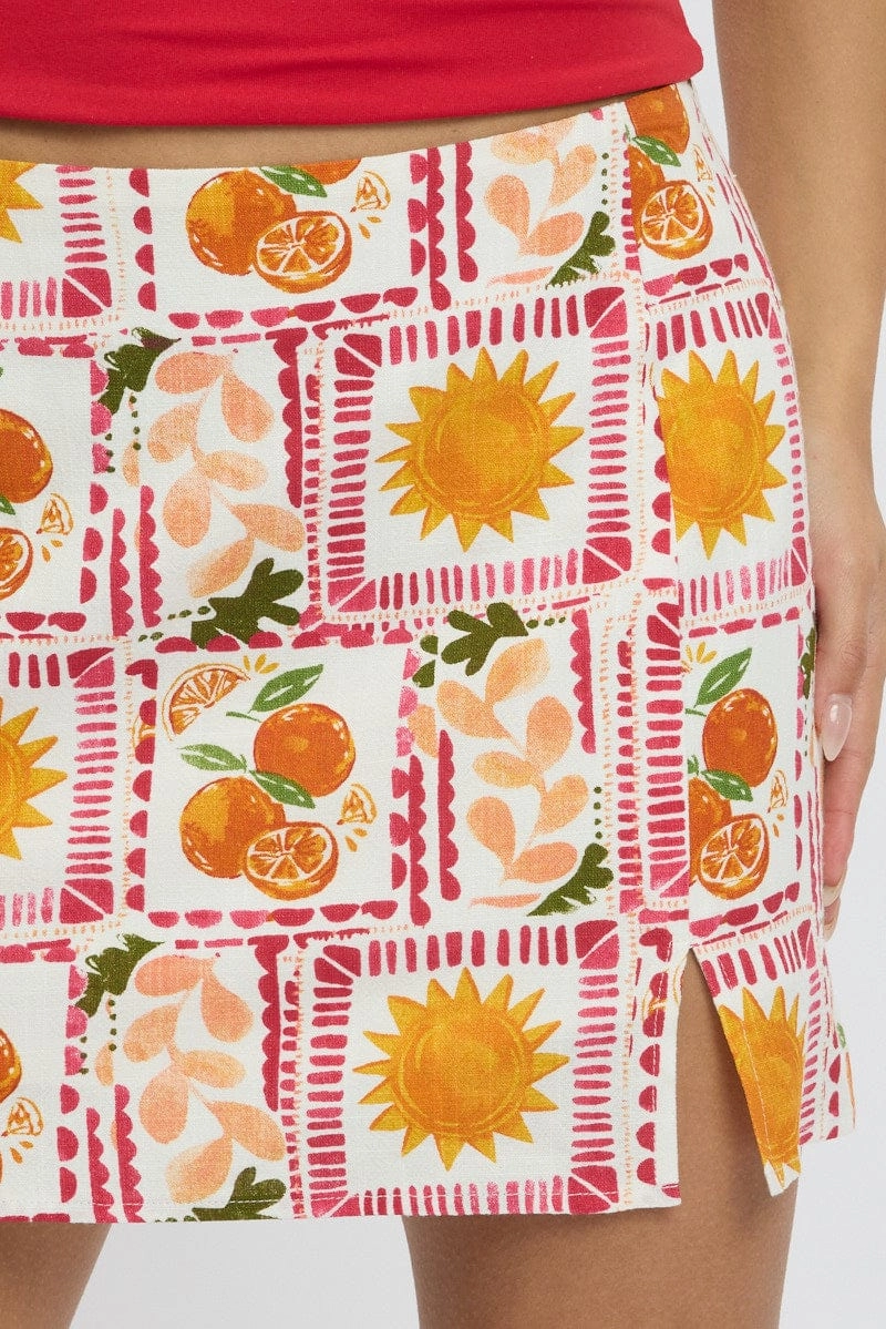 Multi Abstract Mini Skirt High Rise Split