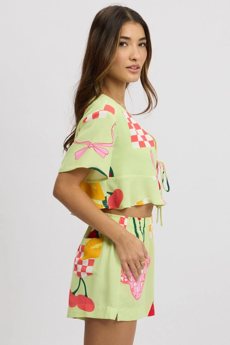 Multi Abstract Tie Up Top Short Sleeve Crop