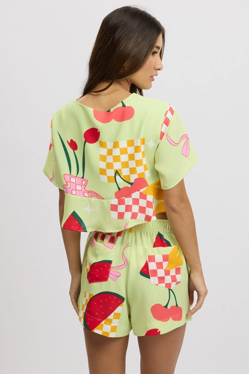 Multi Abstract Tie Up Top Short Sleeve Crop