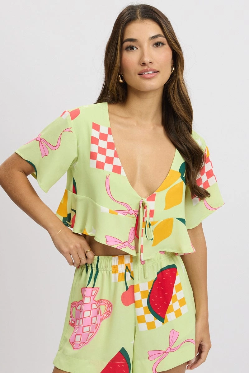 Multi Abstract Tie Up Top Short Sleeve Crop