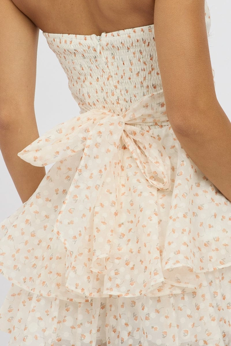 Orange Floral Strapless Dress Mini