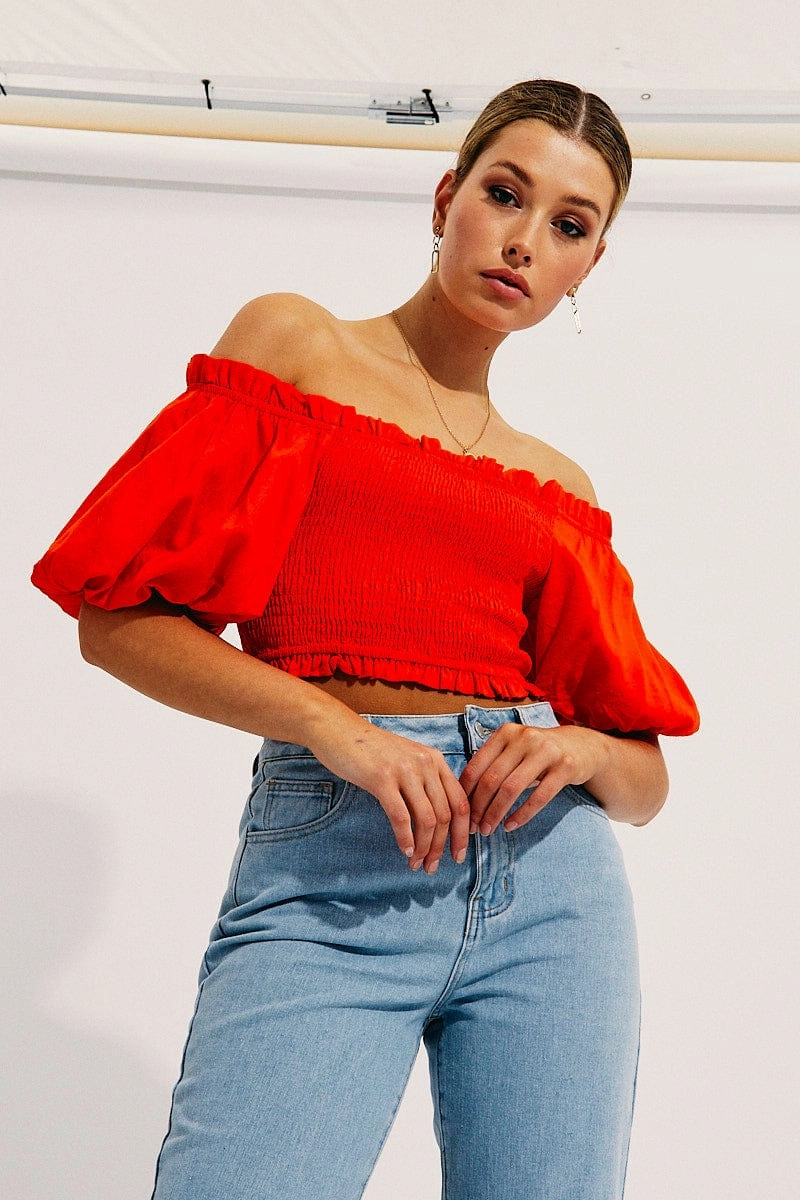 Orange Shirred Top Volume Short Sleeve Crop Linen Blend