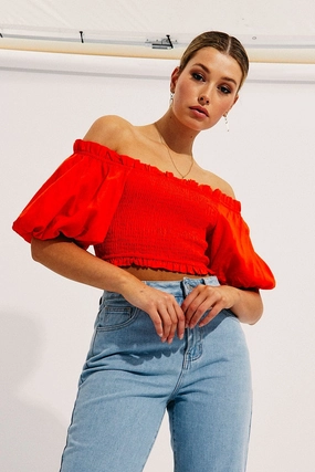 Orange Shirred Top Volume Short Sleeve Crop Linen Blend