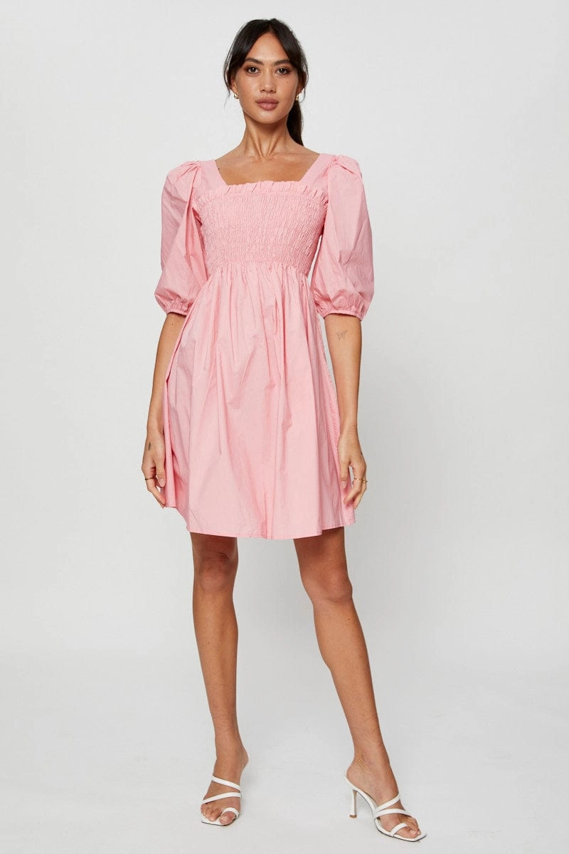 Pink Mini Dress Short Sleeve Evening