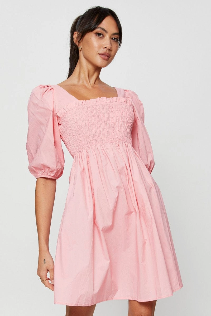 Pink Mini Dress Short Sleeve Evening