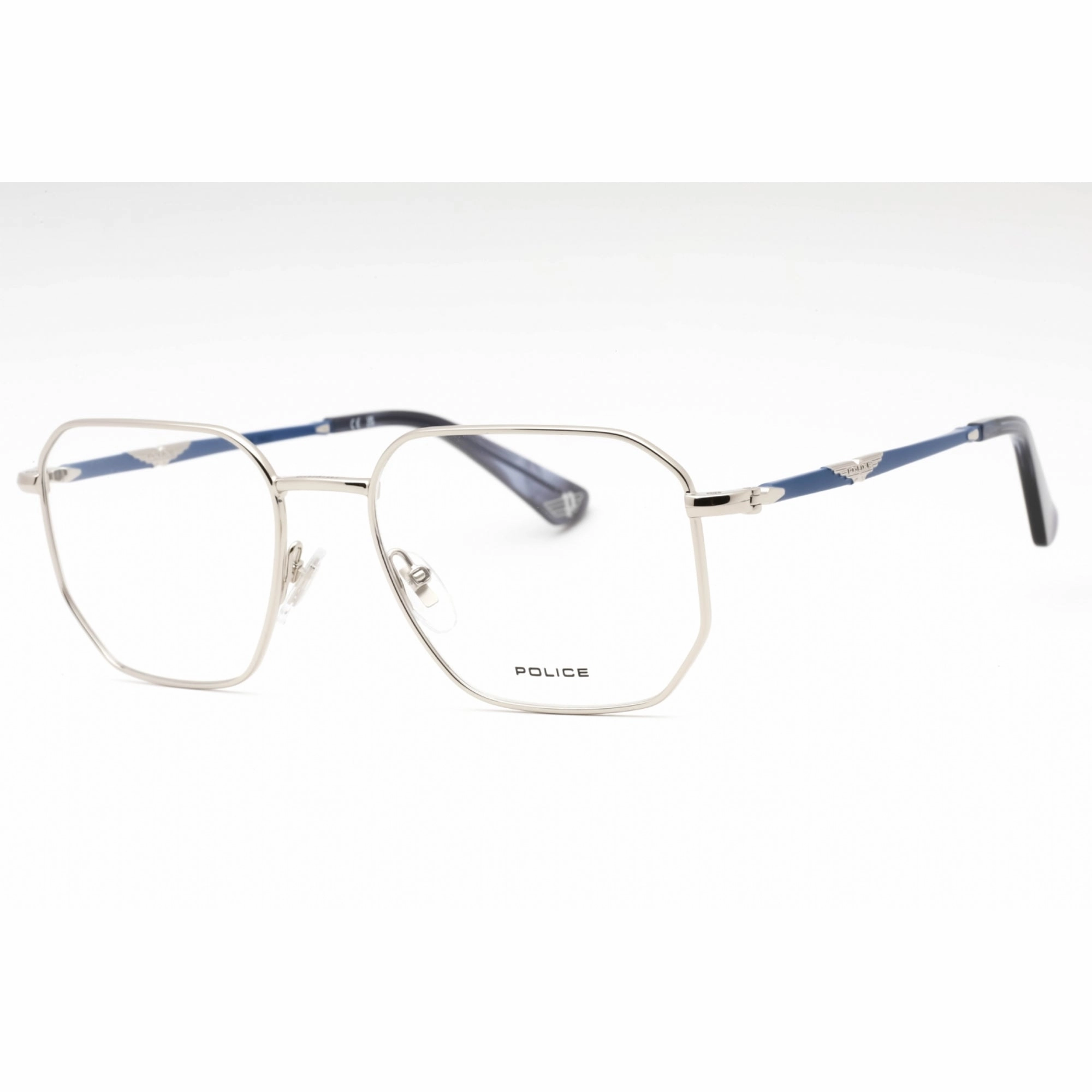 Police Men's Eyeglasses - Shiny Palladium Metal Geometric Full Rim Frame | VPLL67 0579