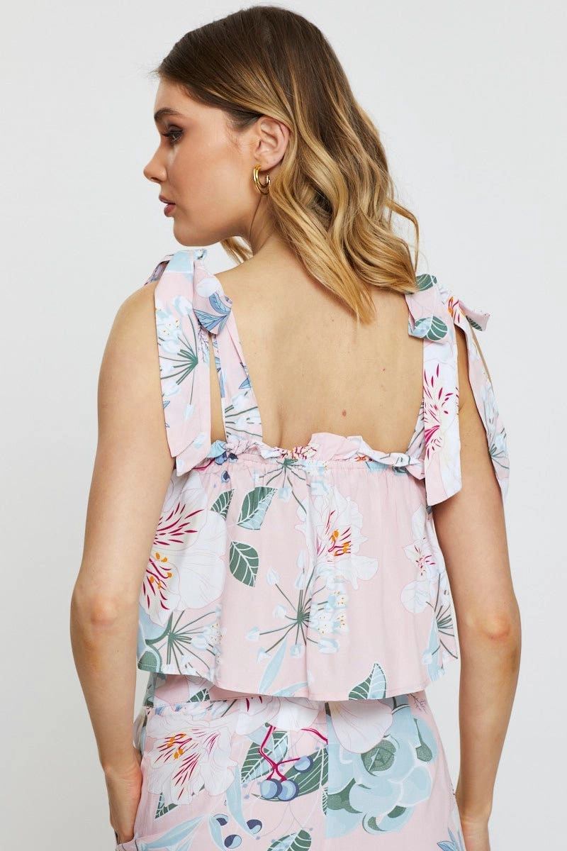 Print Cami Top Sleeveless Tie Up