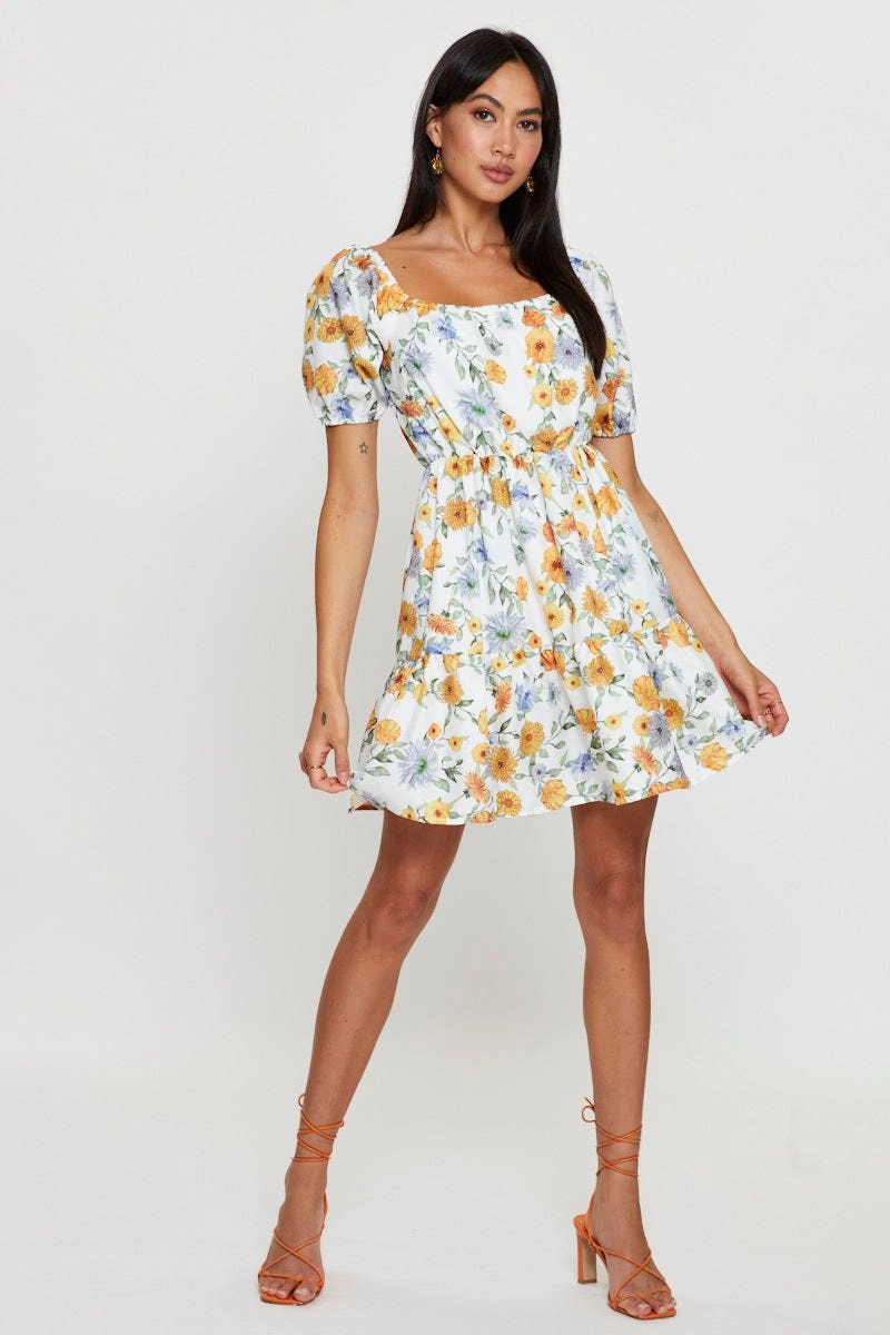 Print Fit And Flare Dress Short Sleeve Square Neck
