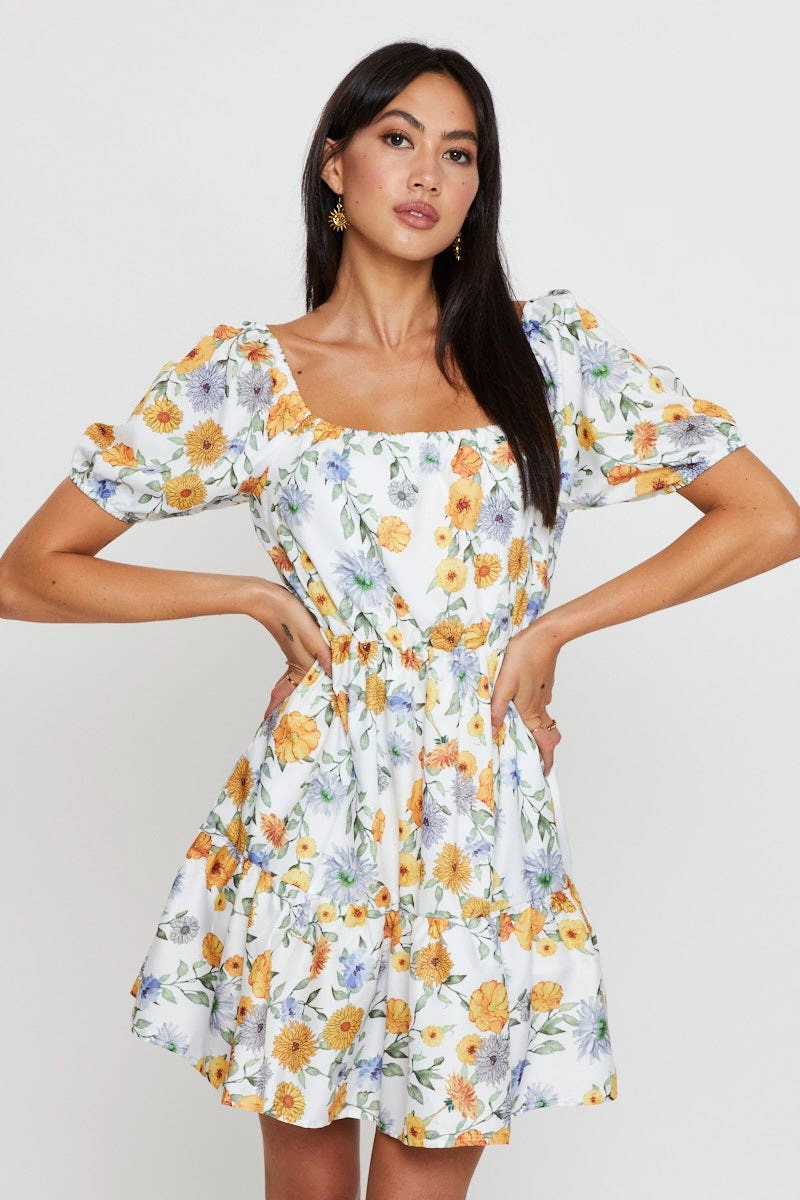 Print Fit And Flare Dress Short Sleeve Square Neck