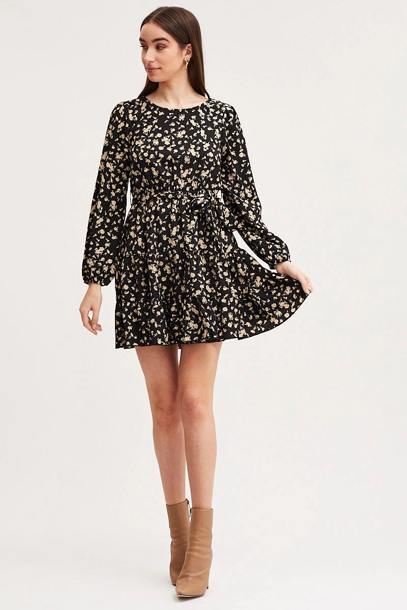 Print Mini Dress Long Sleeve Round Neck