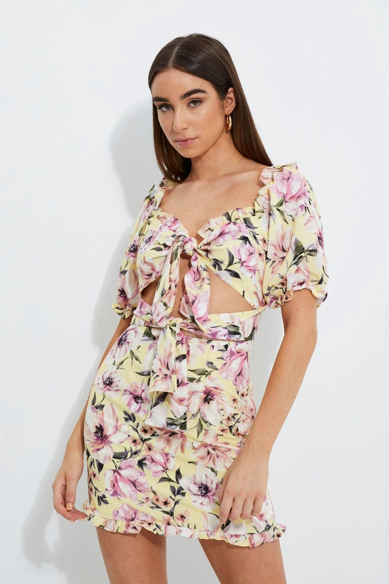 Print Print Puff Shoulder Tie Front Dres