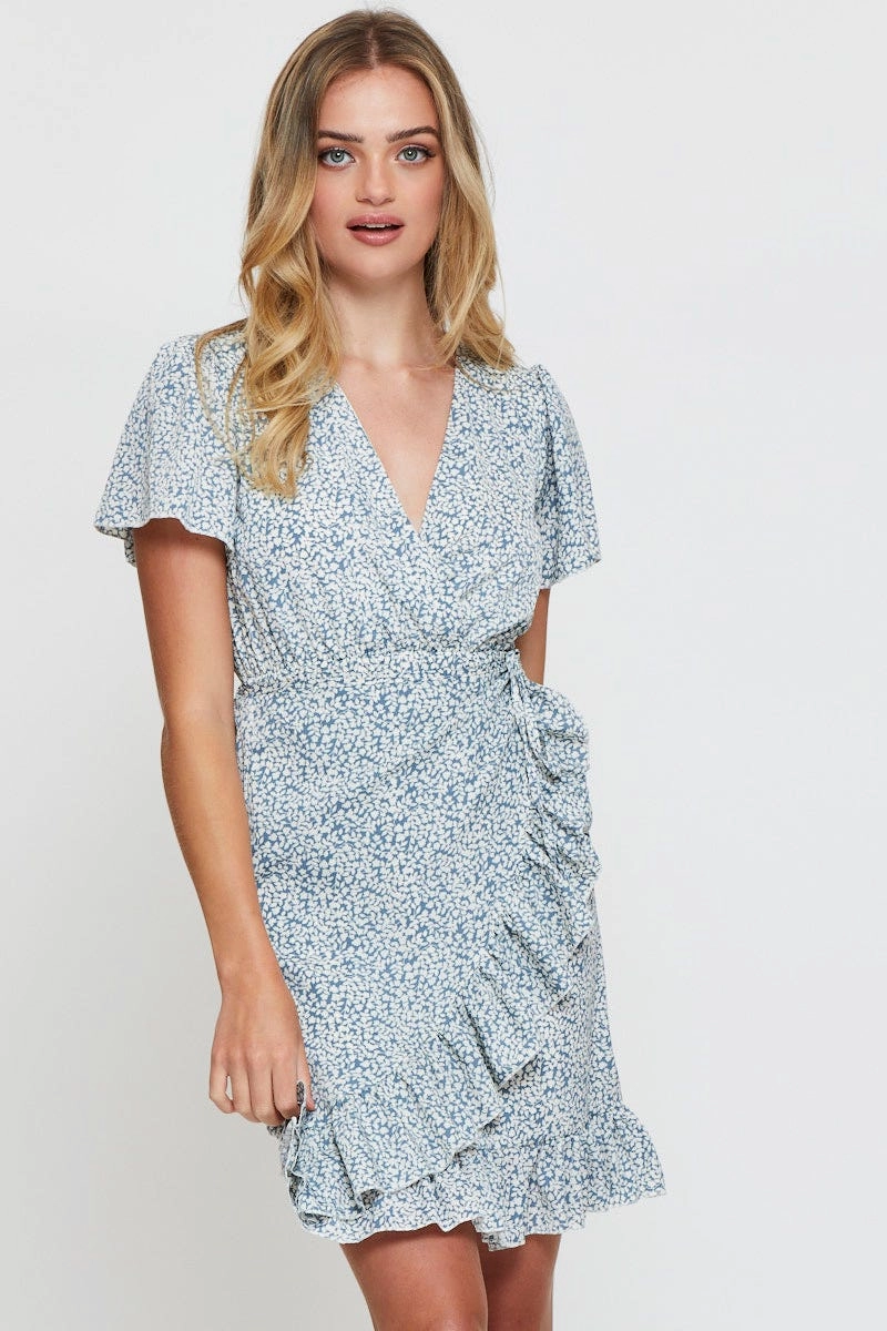 Print Wrap Dress Short Sleeve V Neck