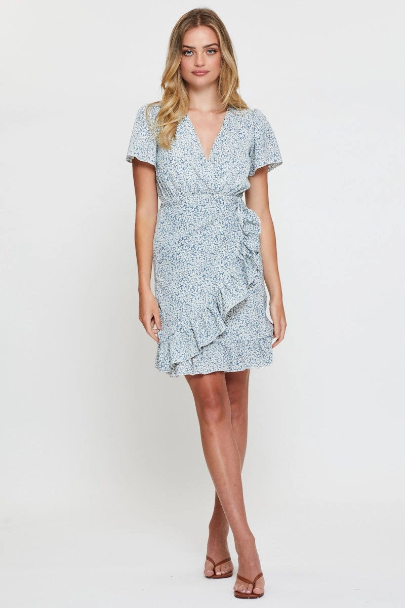 Print Wrap Dress Short Sleeve V Neck