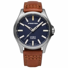 Protek Men's Watch - USMC Series Quartz Dark Blue Dial Dark Tan Leather Strap | 3103
