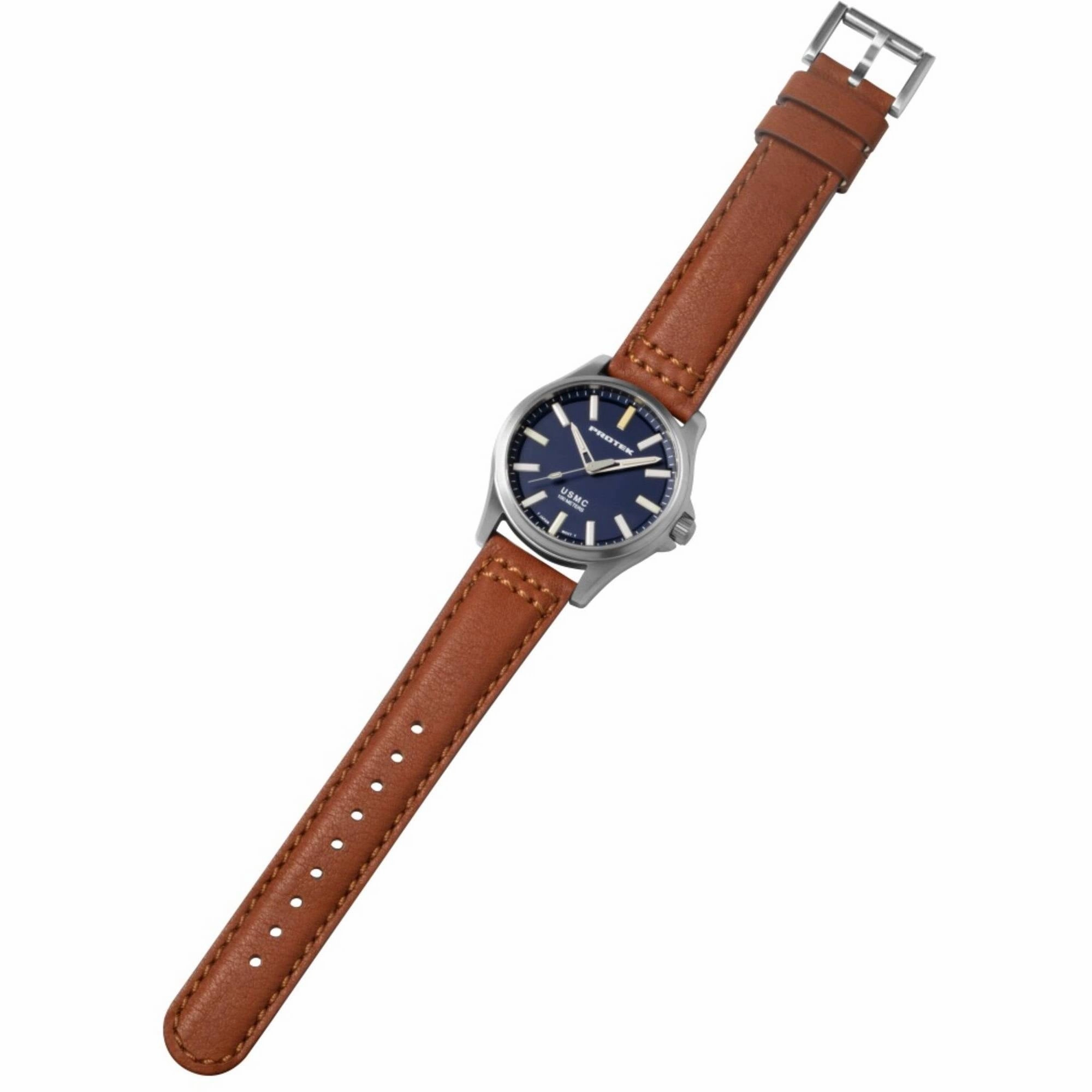 Protek Men's Watch - USMC Series Quartz Dark Blue Dial Dark Tan Leather Strap | 3103