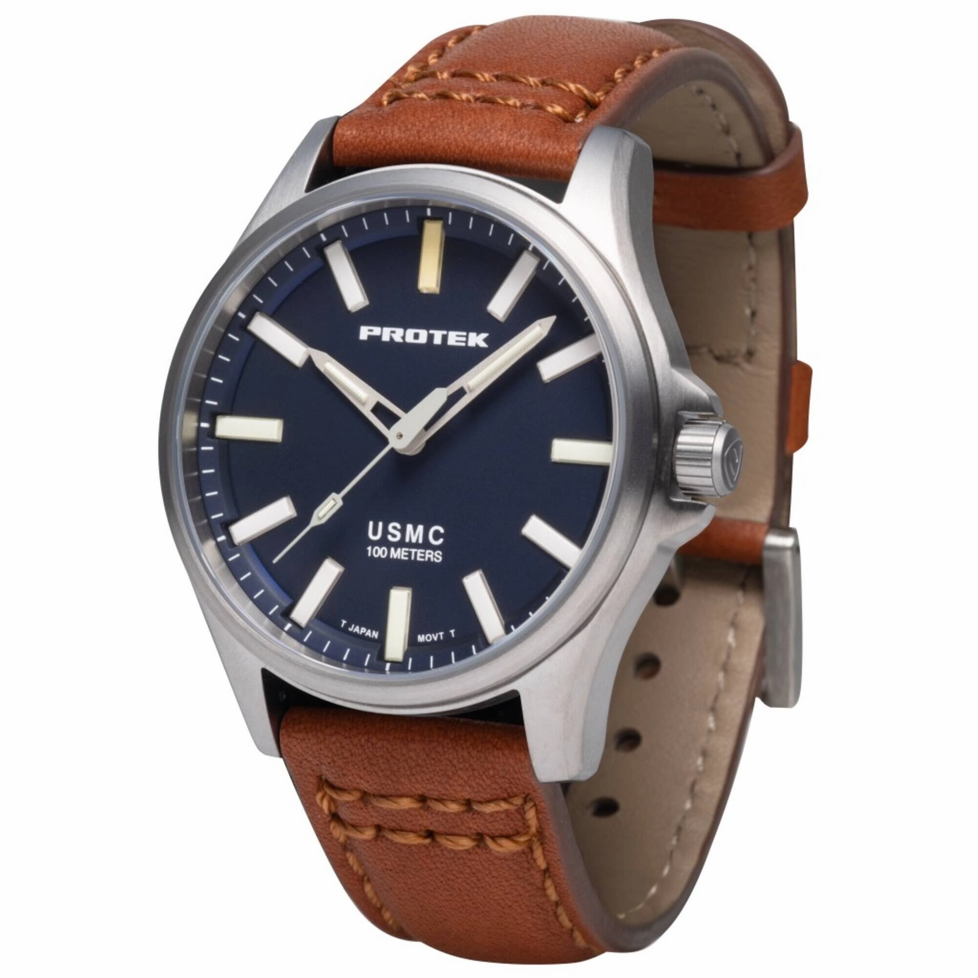 Protek Men's Watch - USMC Series Quartz Dark Blue Dial Dark Tan Leather Strap | 3103