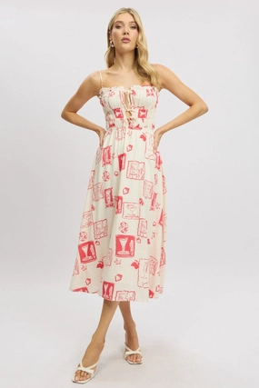 Red Abstract Midi Dress Ribbon Detail Strappy