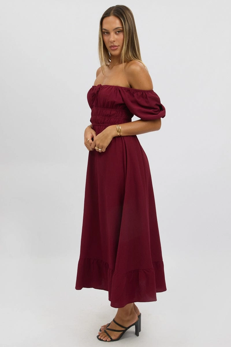 Red Midi Dress Short Sleeve Ruched Bust