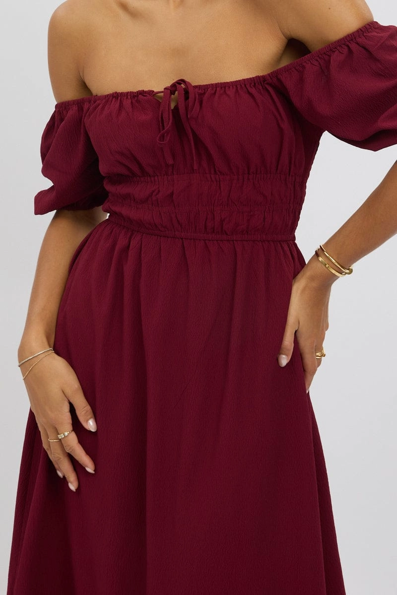 Red Midi Dress Short Sleeve Ruched Bust