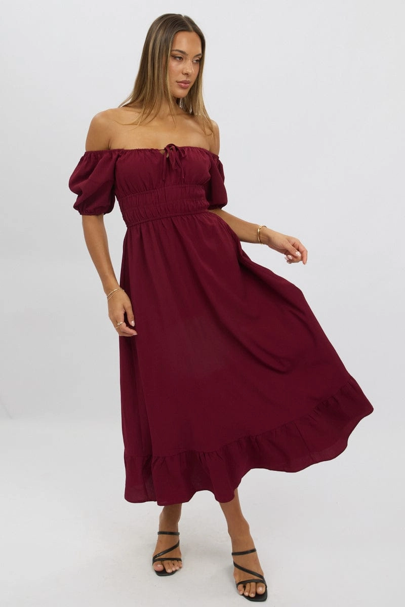 Red Midi Dress Short Sleeve Ruched Bust
