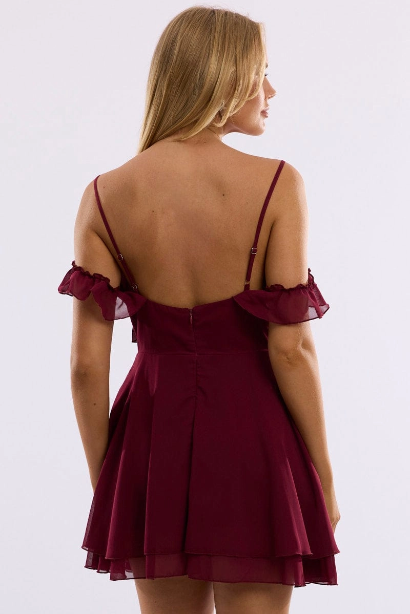 Red Mini Dress Ruffle Detail Chiffon