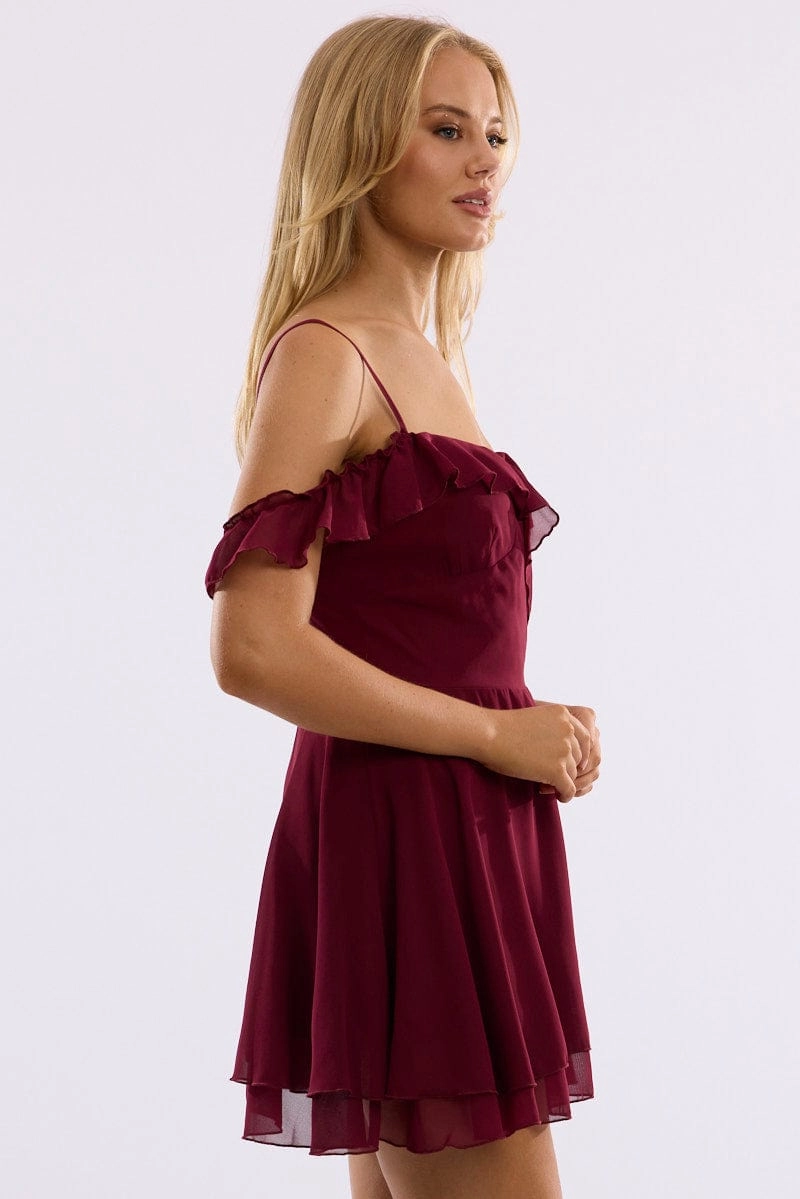 Red Mini Dress Ruffle Detail Chiffon