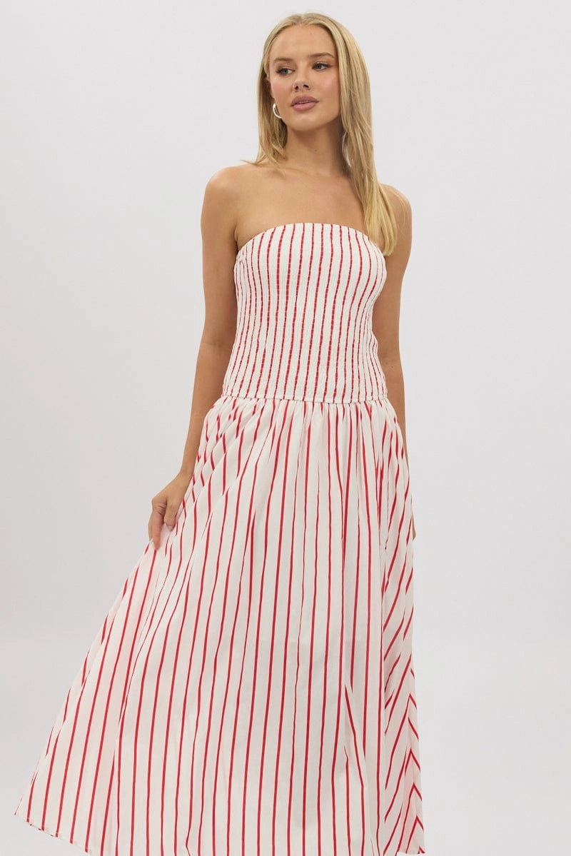 Red Stripe Strapless Maxi Dress