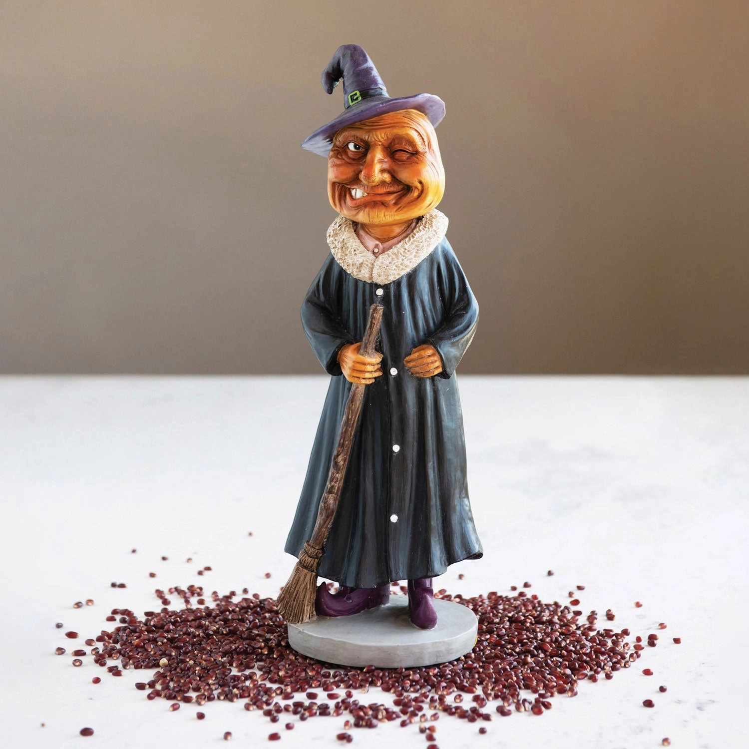 Resin Pumpkin Witch Holding Broom