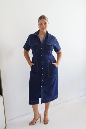SAMPLE - SAVEIRA DENIM MIDI DRESS MIDNIGHT