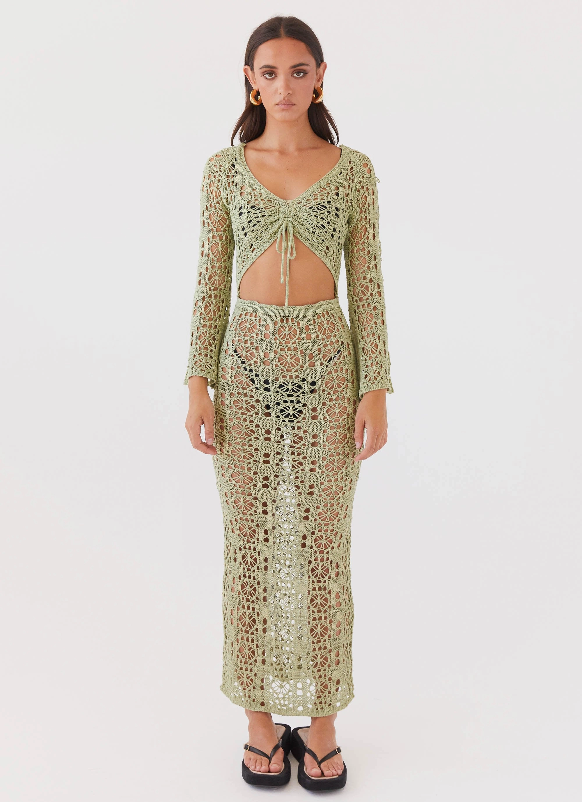 Seaside Soiree Crochet Maxi Dress - Light Olive