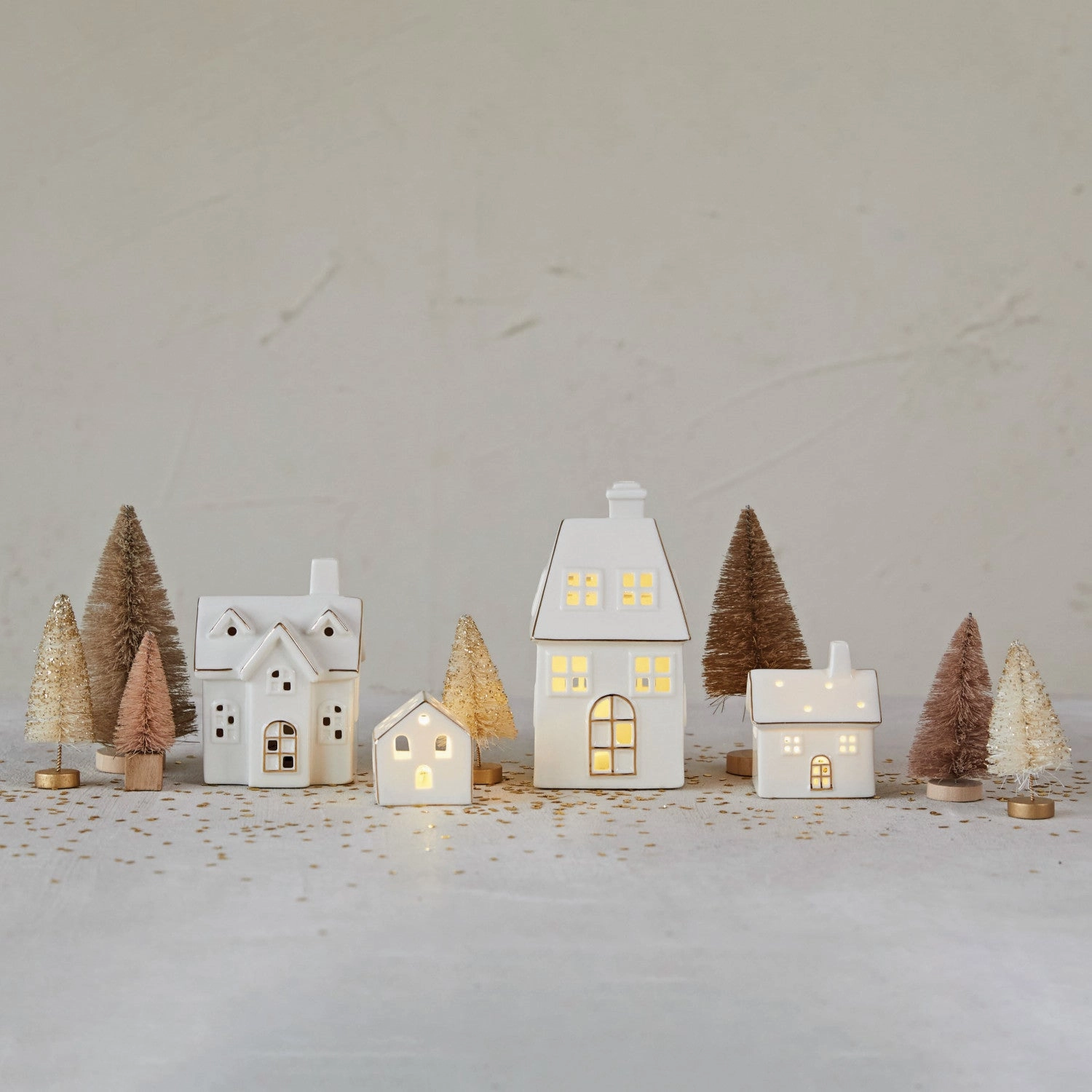Stoneware Village with LED Lights - White with Gold Electroplating