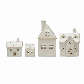 Stoneware Village with LED Lights - White with Gold Electroplating