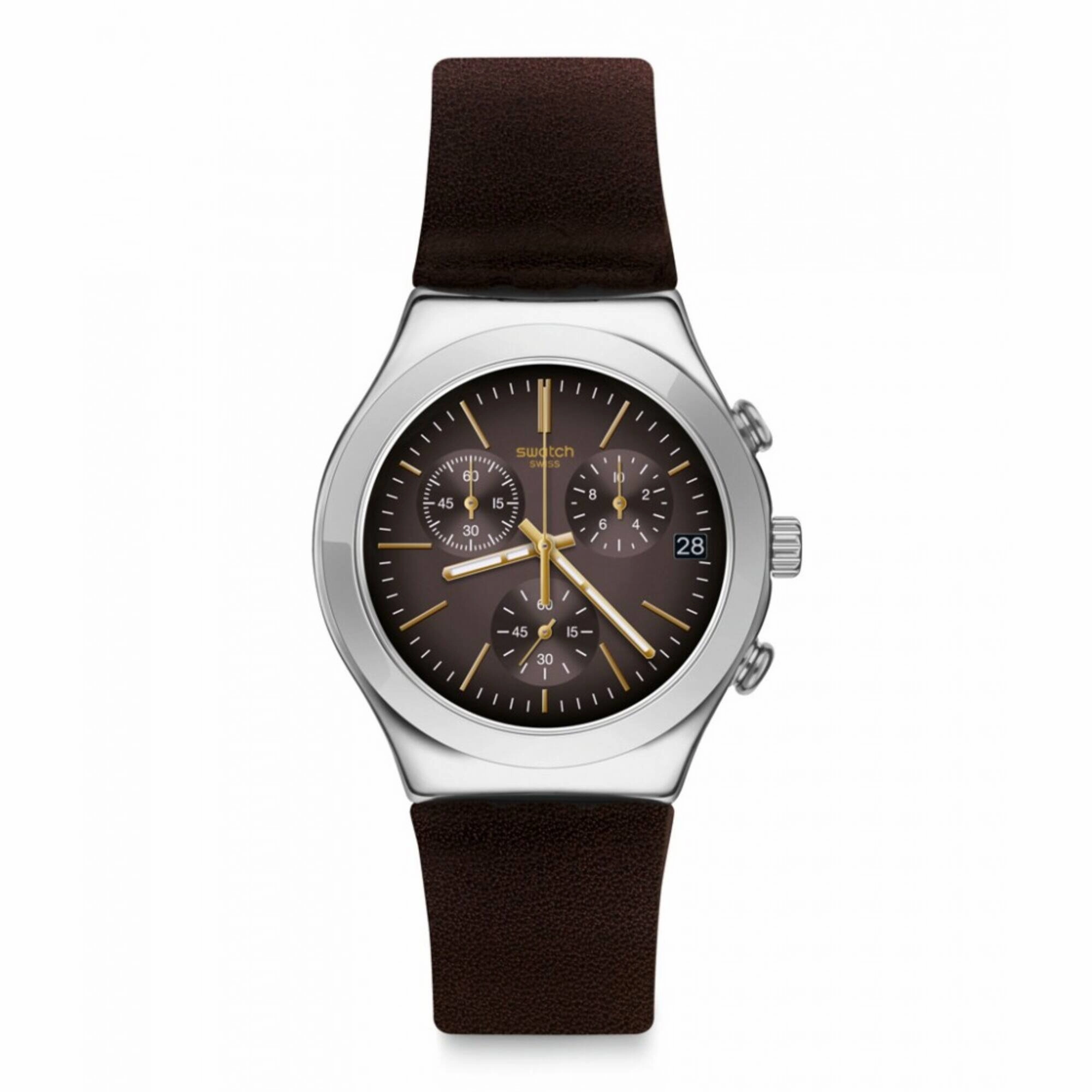 Swatch Men's Watch - Irony Brownflect Chronograph Brown Dial Leather Strap | YCS600