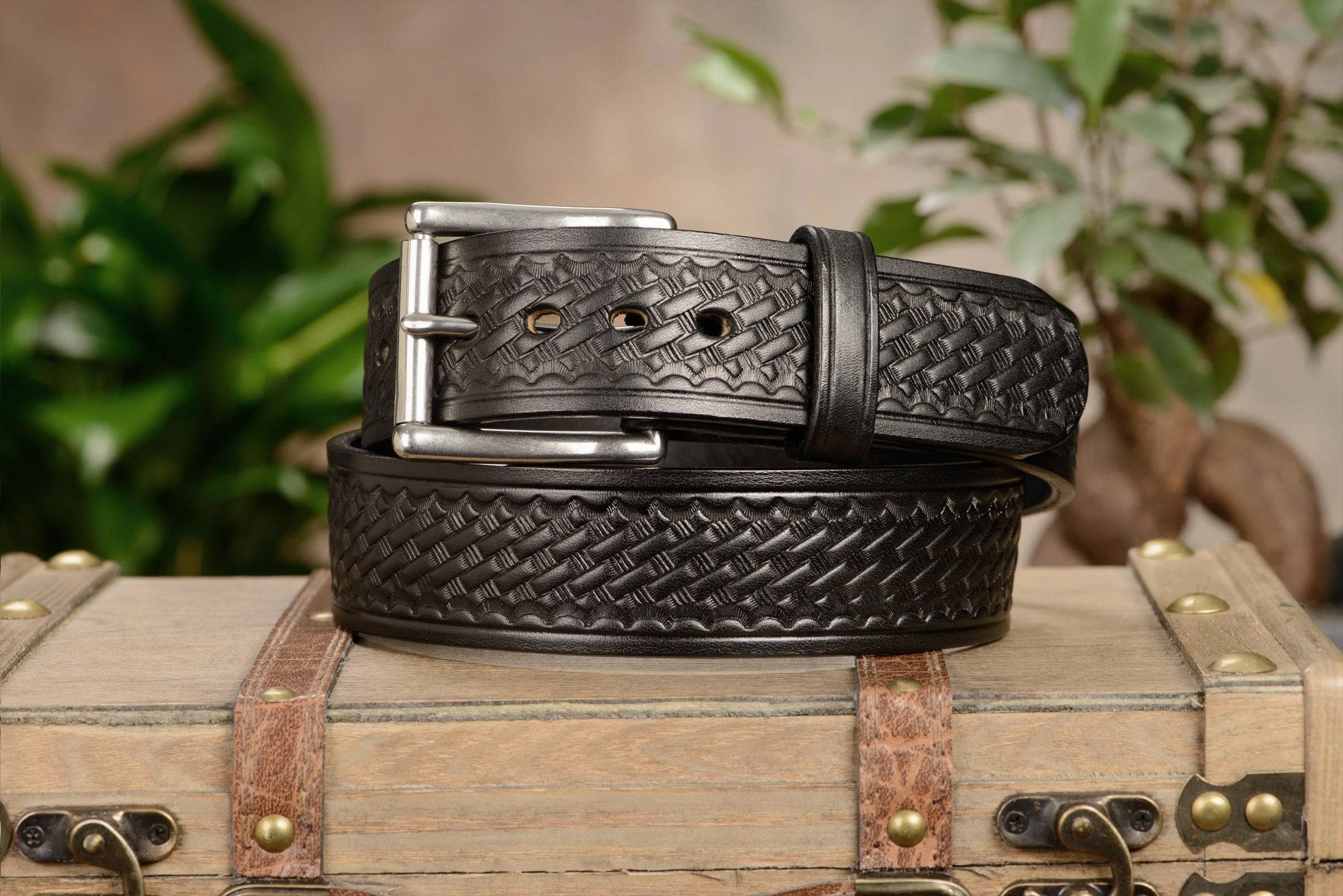 The Eastwood: Men's Black Basket Weave Leather Belt Max Thick 1.75" Extra Wide