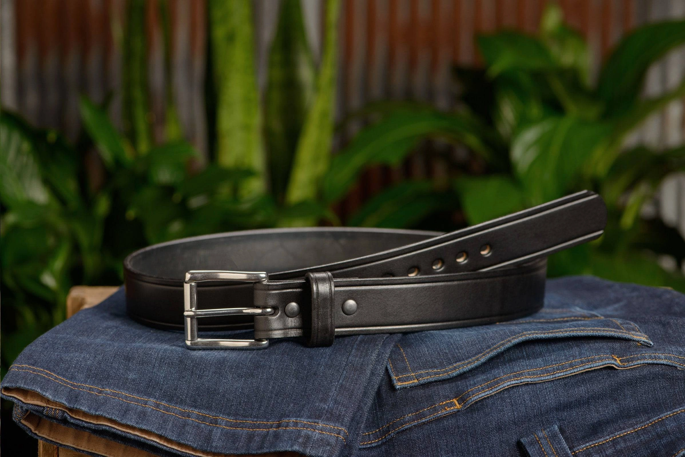 The Eastwood: Men's Black Creased Accent Leather Belt Max Thick 1.50"