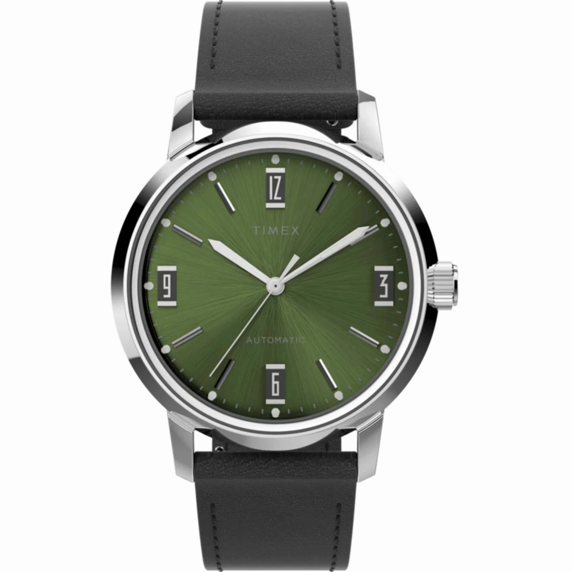 Timex Men's Watch - Marlin Automatic Green Dial Black Leather Strap | TW2V44600ZV