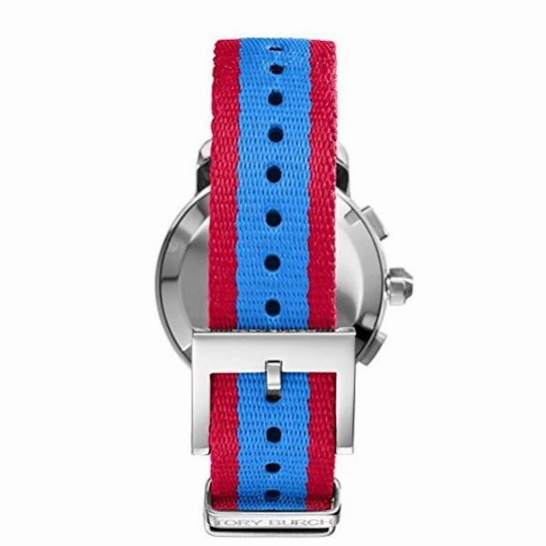 Tory Burch TRB1018 Women's Chronograph Silver Tone Blue Dial Nylon Strap Watch