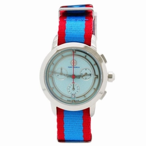 Tory Burch TRB1018 Women's Chronograph Silver Tone Blue Dial Nylon Strap Watch
