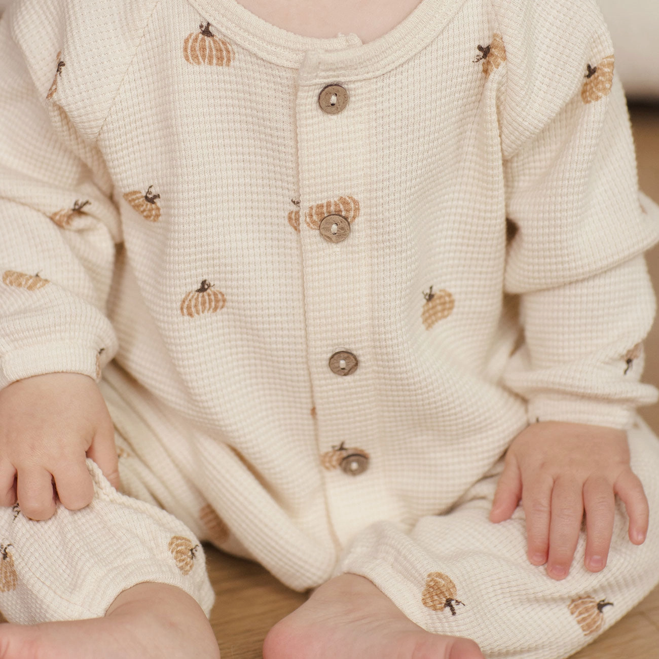Waffle Long Sleeve Jumpsuit - Pumpkins - Natural - FINAL SALE