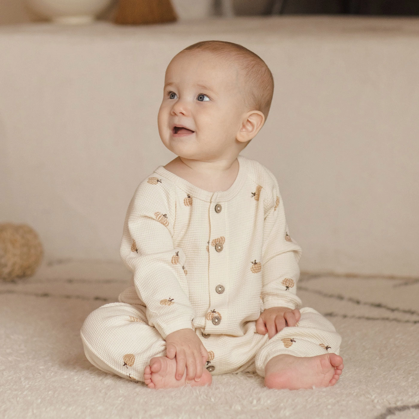 Waffle Long Sleeve Jumpsuit - Pumpkins - Natural - FINAL SALE