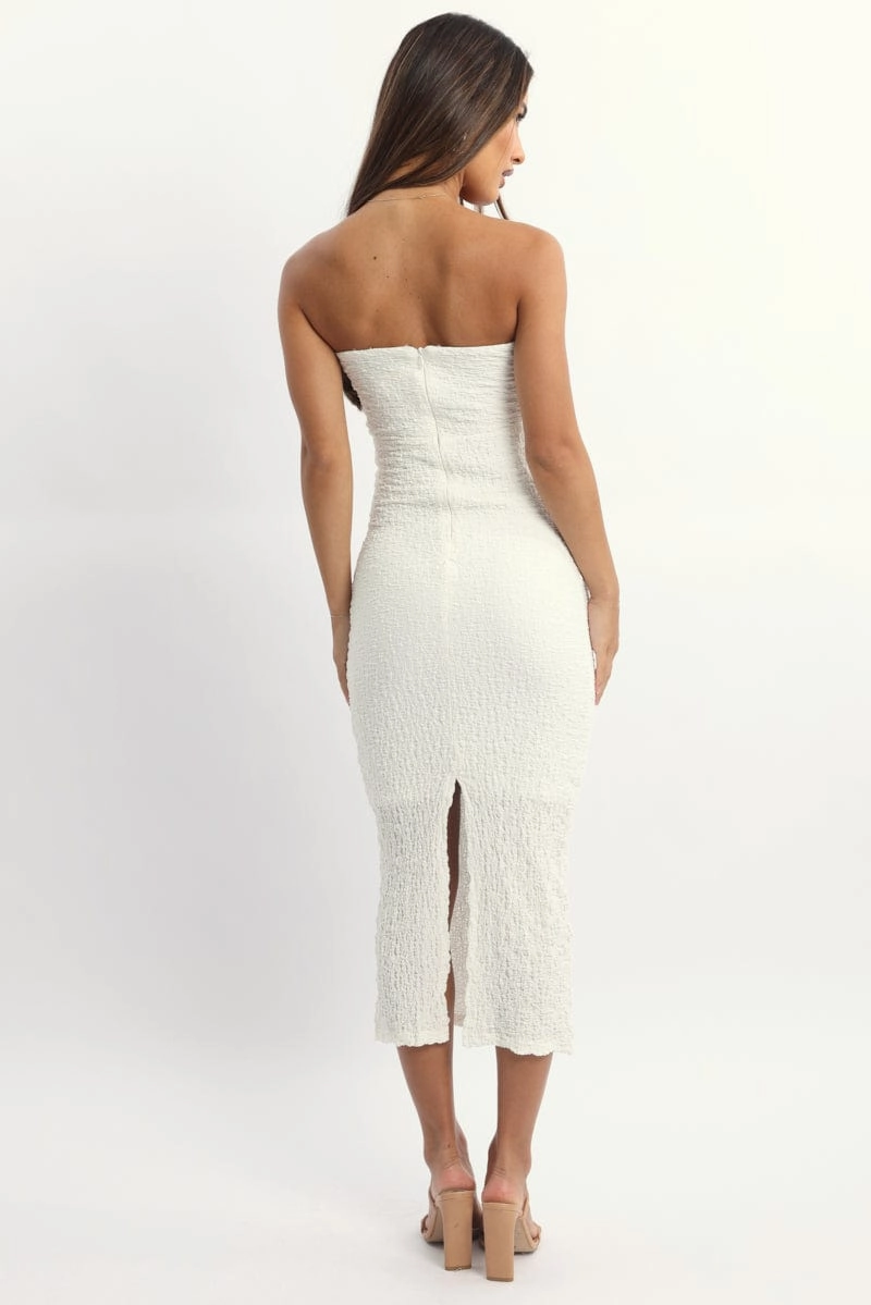 White Bodycon Dress Boob Tube Textured Midi