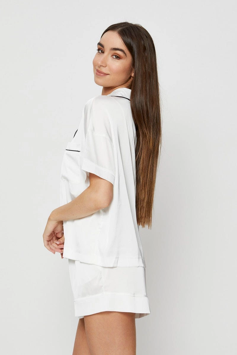 White Contrast Piping Pyjamas Set Satin