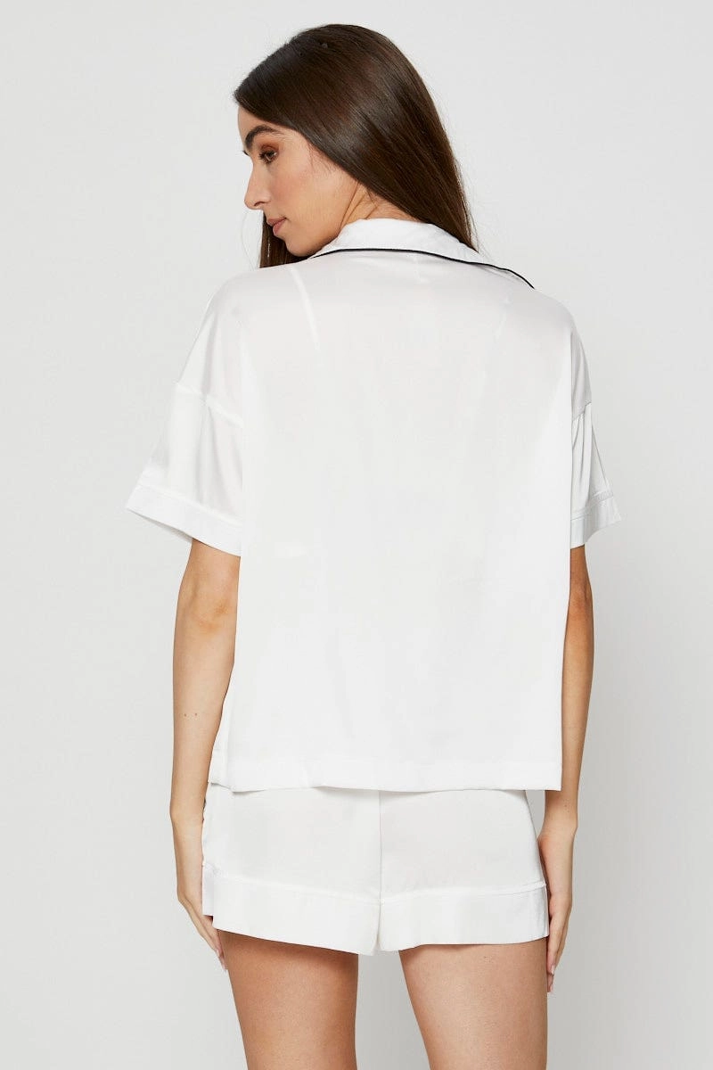 White Contrast Piping Pyjamas Set Satin