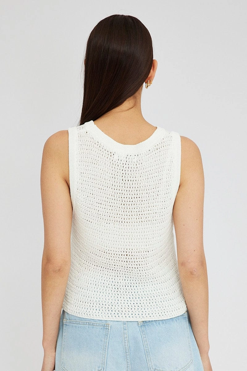 White Crochet Knit Vest Crew Neck