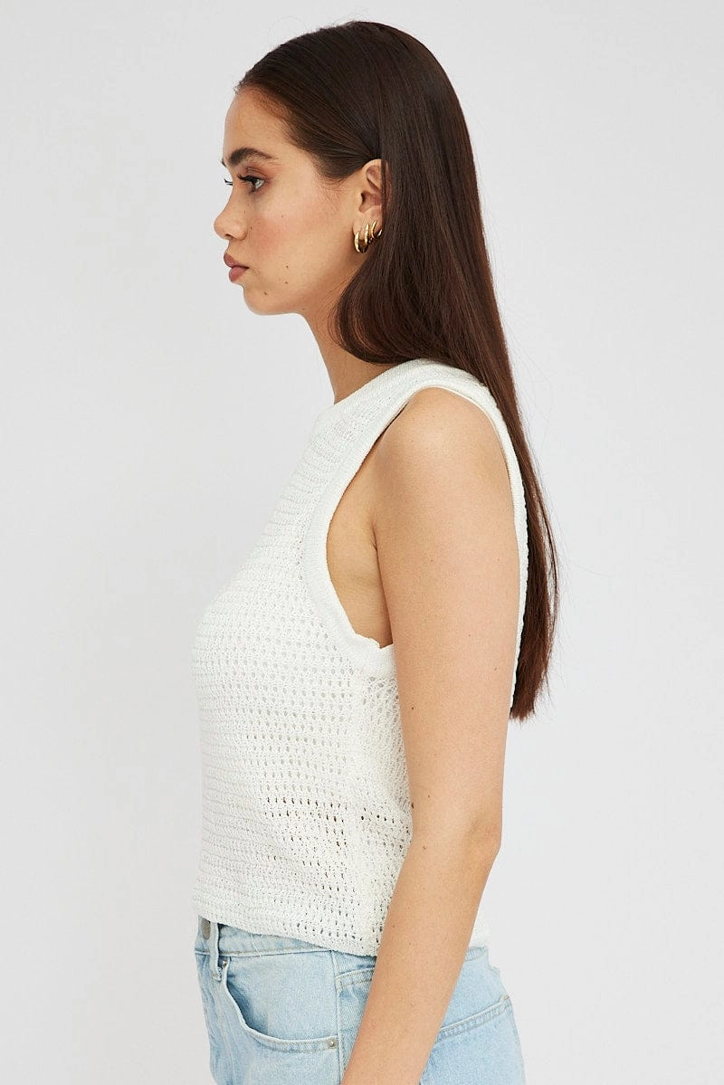 White Crochet Knit Vest Crew Neck