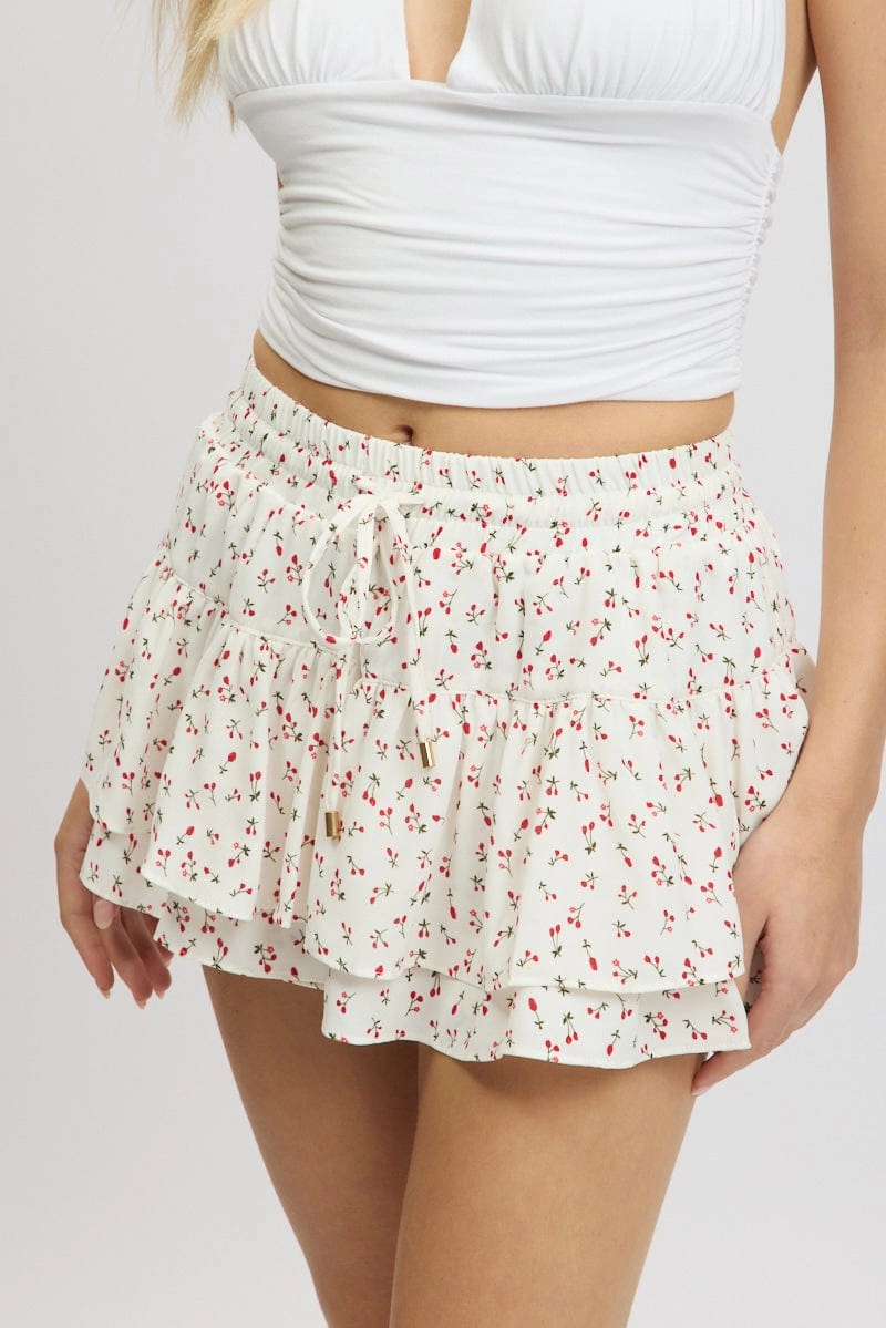 White Ditsy Skort Skirt Frilled Hem Mini