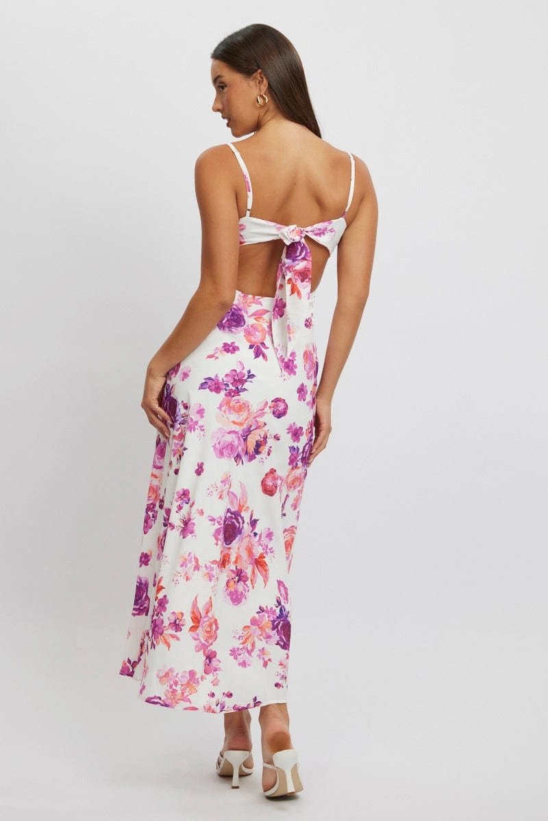 White Floral Maxi Dress Back Tie Satin