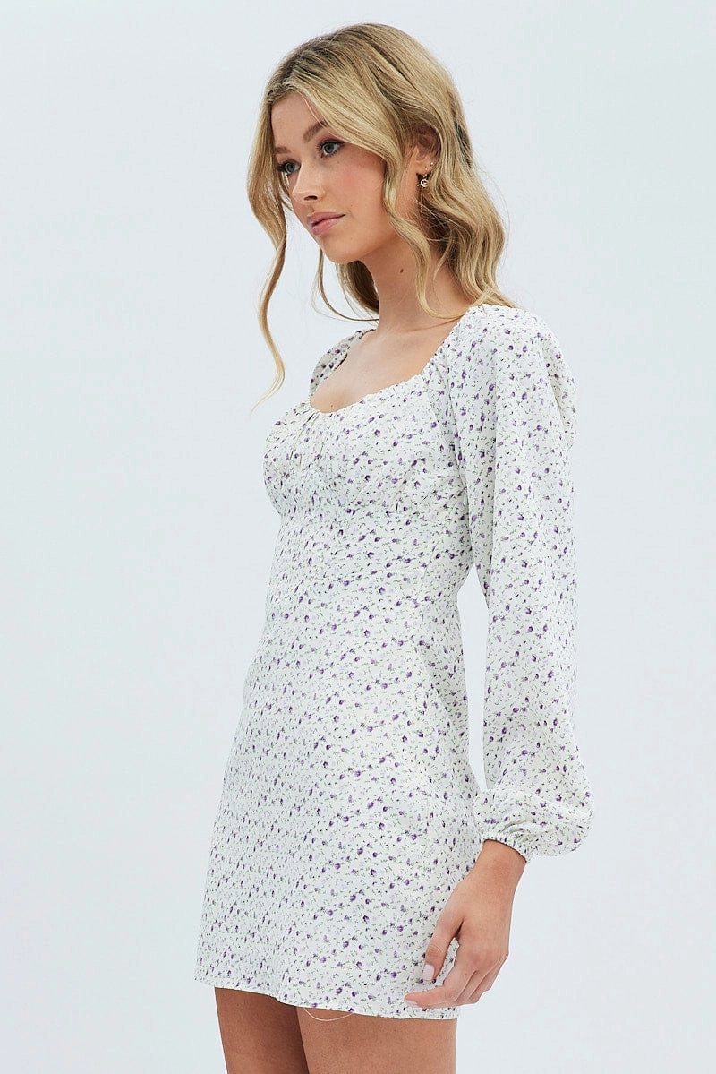 White Floral Midi Dress Long Sleeve Gathering Bust