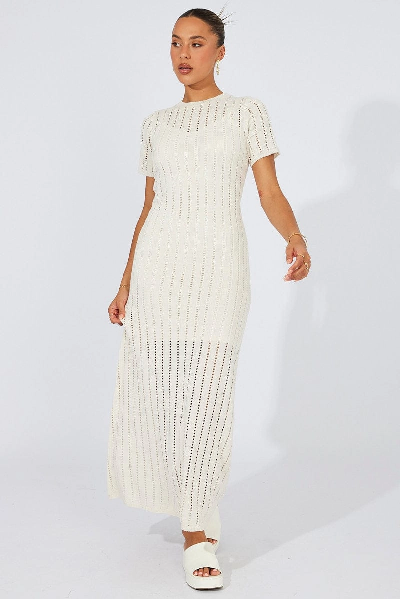 White Knit Maxi Dress Crochet Short Sleeve