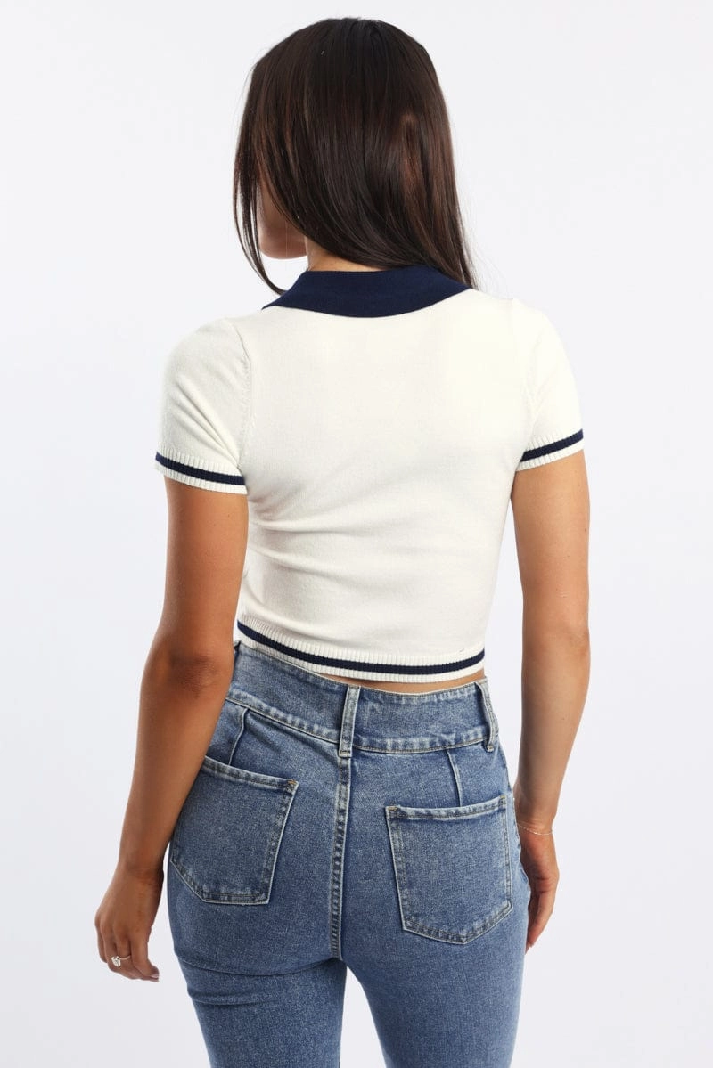 White Knit Top Short Sleeve Collared